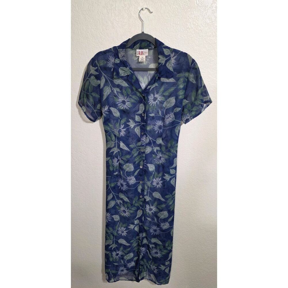 R&K Originals Women's Vintage Sheer Dress Blue Floral Button Down T Shirt Sz 12